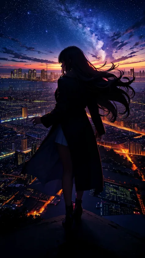 Long-haired woman，Long coat， Dress Silhouette， Rear View，Space Sky, comet, Anime Style, Dancing Petals，Night view of the city fr...