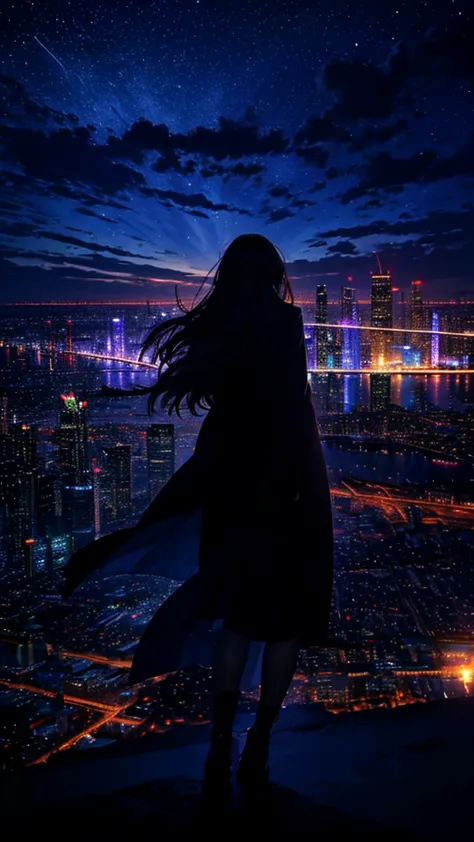 Long-haired woman，Long coat， Dress Silhouette， Rear View，Space Sky, comet, Anime Style, Dancing Petals，Night view of the city fr...