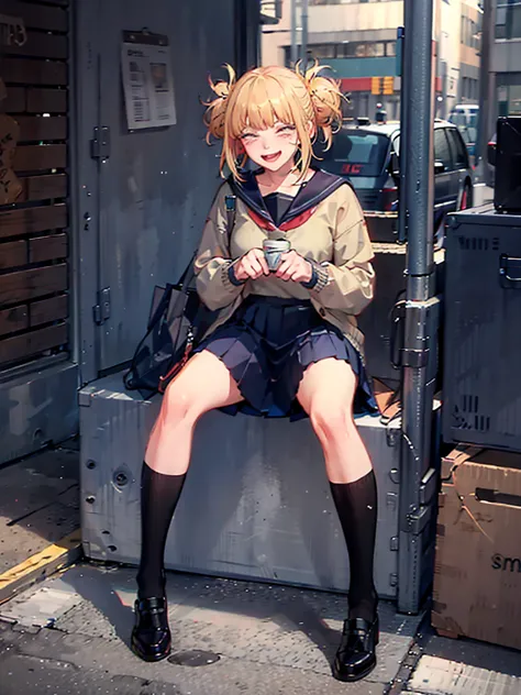 himiko toga, sweater, pleated skirt, sit on the ground with your knees up, powerful laughter