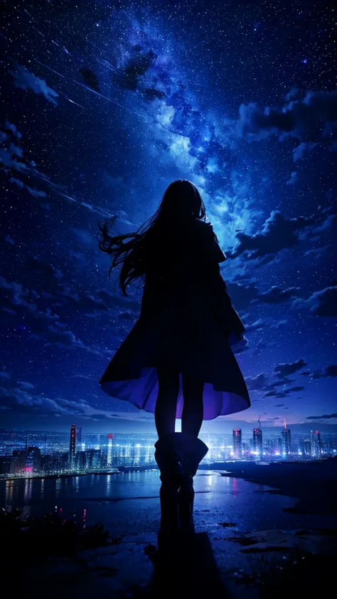 long-haired woman，long coat， dress silhouette， rear view，space sky, comet, anime style, fantastic night view