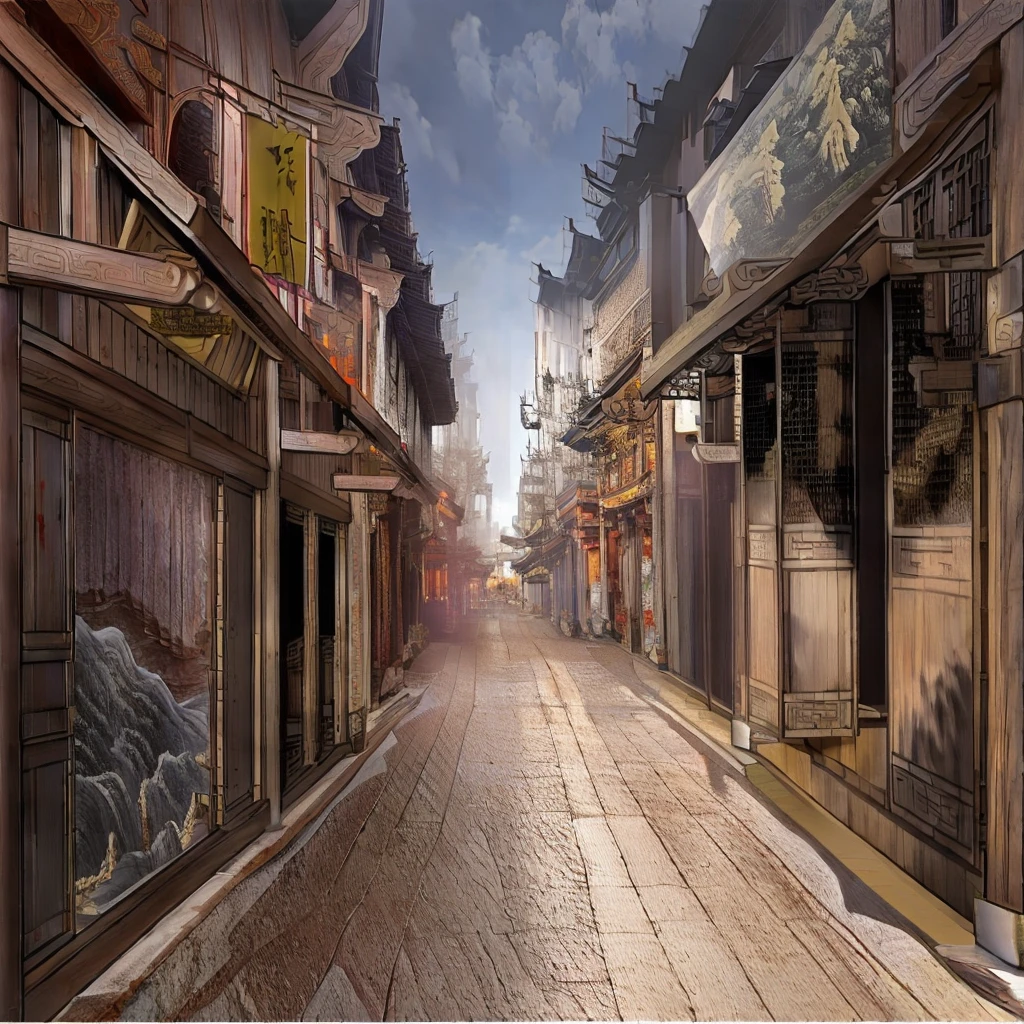 There is a painting，The picture shows a street with many buildings, Old city streets, Chinese streets, Dreamy Chinatown, Beautiful rendering of the Ming Dynasty, China Town, Traditional Chinese Concept Art, old asian village, Ancient city landscape, China Village, Anime Landscape Concept Art, old Chinese streets market, Dressed in vintage street clothes, China city, Chinese feudal background