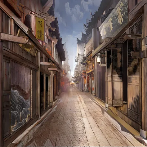 there is a painting，the picture shows a street with many buildings, old city streets, chinese streets, dreamy chinatown, beautif...