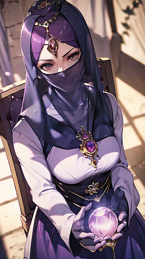 Mature Woman,(((Female fortune teller))),(((A veil covering the mouth,Light gloves))),(Detailed Description, High resolution，8k wallpaper，masterpiece，Highest quality,Depth of region,Anatomically accurate depiction,A face with attention to detail, Eye for detail,Nice hands, Perfect Fingers),((A seductive smile)),eyelash,(Hollow glowing eyes),Large Breasts,(From above:1.1),Perfect body,Purple lips,Shadow,Villainess,background：Inside a dimly lit church,(((Sitting in a chair,A round crystal ball emitting an absorbing light is placed in the palm of his hand.))),