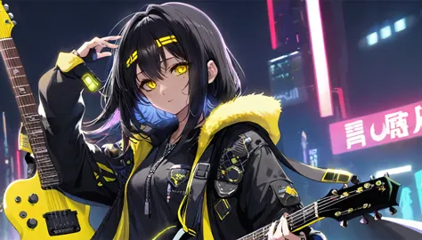 a girl playing the guitar、whole body、cyber punk、yellow eyes、glowing eyes、black coat、open coat、teen