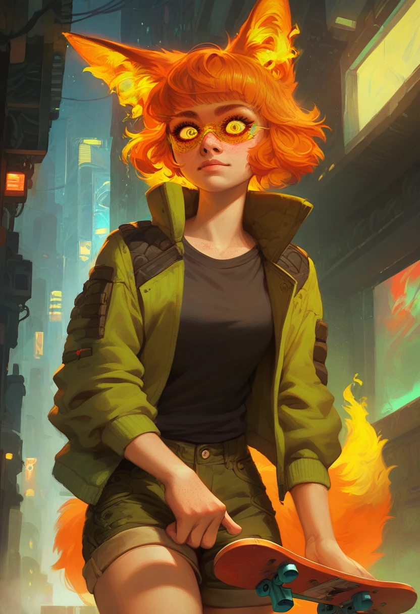 score_9, score_8_up, score_7_up, score_6_up, 1girl, solo, skinny, fox girl, (yellow sunglasses, green jacket, black cargo shorts, yellow sneakers),  (orange hair:1.2), fox tail, city background, cyberpunk,  ((detailed background, detailed clothes, detailed fur texture, intricate detail, highly detailed, fine details best quality, hyperdetailed face:1.2)), bright color tones, beautiful lighting, digital art,  (best quality,4k,8k,highres,masterpiece:1.2), ultra-detailed,  (fiery yellow eyes:1.3), fox ears, medium hair, freckles, human face, human body, holding skateboard