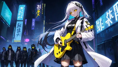 a girl playing the guitar、whole body、cyber punk、yellow eyes、glowing eyes、white coat、open coat、teen