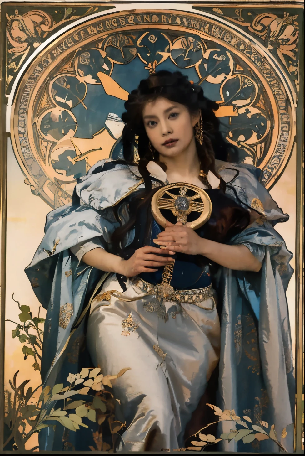 a woman in a blue dress holding a clock and a gold chain, anime art nouveau, portrait knights of zodiac girl, korean art nouveau anime, mucha. art nouveau. gloomhaven, black - haired mage, nouveau painting, high priestess, anime art nouveau cosmic display, priestess, mucha style 4k, art nouveau! cyberpunk! style