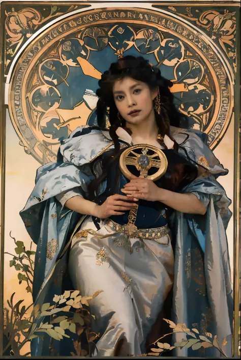 a woman in a blue dress holding a clock and a gold chain, anime art nouveau, portrait knights of zodiac girl, korean art nouveau...