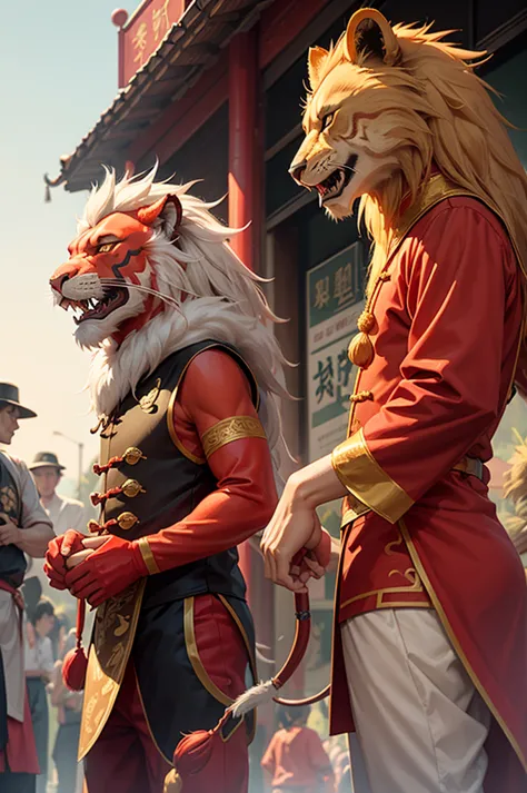 chinese street jugglers，dragon and lion dance