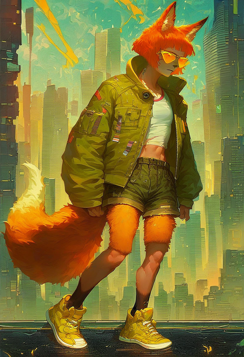 score_9, score_8_up, score_7_up, score_6_up, 1girl, solo, skinny, fox girl, (yellow sunglasses, green jacket, black cargo shorts, yellow sneakers),  (orange hair:1.2), fox tail, city background, cyberpunk,  ((detailed background, detailed clothes, detailed fur texture, intricate detail, highly detailed, fine details best quality, hyperdetailed face:1.2)), bright color tones, beautiful lighting, digital art,  (best quality,4k,8k,highres,masterpiece:1.2), ultra-detailed,  (fiery yellow eyes:1.3), fox ears, medium hair, freckles, human face, human body, full body, standing, holding skateboard,  (skateboard:1.2),  (sunglasses:1.3),