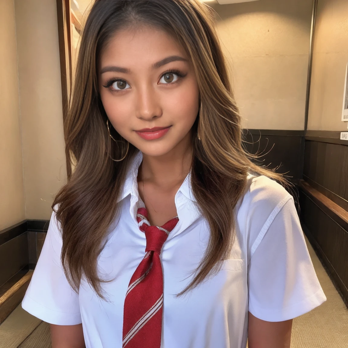 ((Cute 10 year old Japanese))、on the road、Highly detailed face、Pay attention to the details、double eyelid、Beautiful thin nose、Sharp focus:1.2、Beautiful woman:1.4、(Gal Hairstyles)、Pure white skin、Highest quality、masterpiece、Ultra-high resolution、(Realistic:1.4)、Highly detailed and professional lighting、nice smile、Japanese school girl uniform