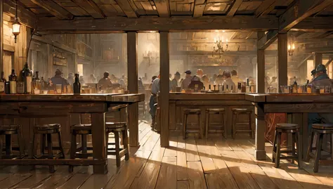 (masterpiece:1.5), (best quality:1.5), (extremely detailed:1.5), tavern, industrial era tavern, old tavern, wood, tables, people...