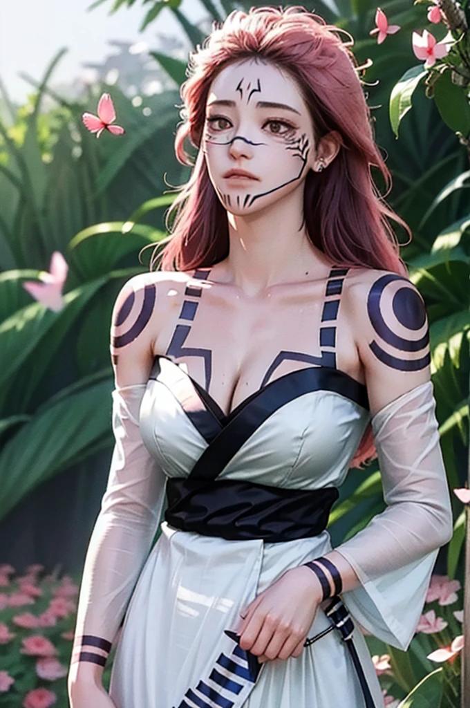 1girl, pink long hair, mask, makeup, bare shoulders, cleavage, large breasts, detached sleeves, standing, (cowboy shot),(masterpiece, high quality, best quality), (colorful),(delicate eyes and face), volumatic light, ray tracing, extremely detailed CG unity 8k wallpaper,solo, ((flying petal)), outdoors, ((flowers field)), sukunatattoo, kimono, look at viewers, facial marks, SukunaFem