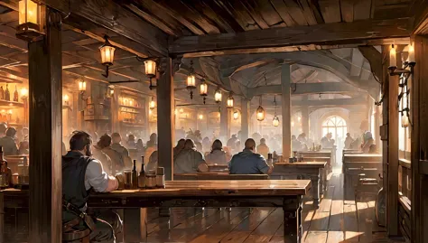 (masterpiece:1.5), (best quality:1.5), (extremely detailed:1.5), tavern, industrial era tavern, old tavern, wood, tables, people...