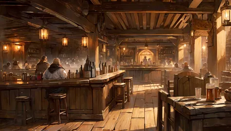 (masterpiece:1.5), (best quality:1.5), (extremely detailed:1.5), tavern, industrial era tavern, old tavern, wood, tables, people...