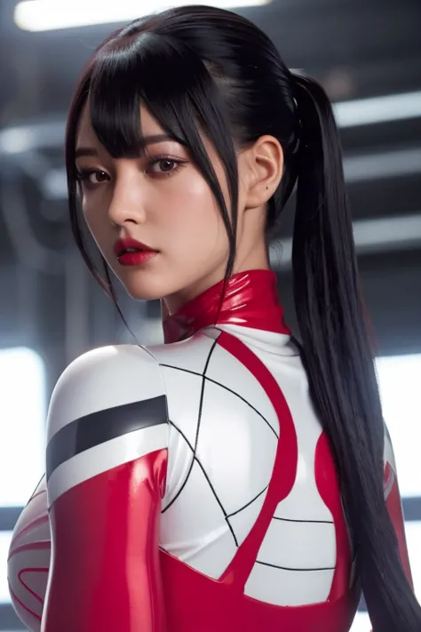 woman in a red matte outfit holding a basketball, futuristic matte suit,  back view. red body suit, pigtails and bangs hairstyle...