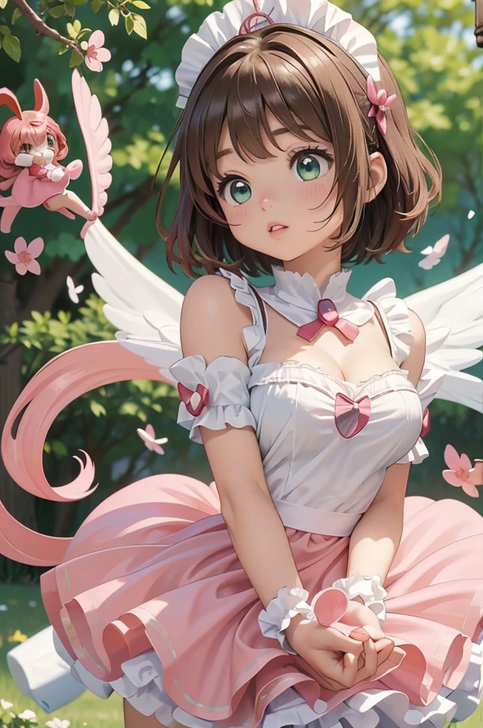 masterpiece, best quality, highres, perfect pixel, depth of field, 1girl, single, solo, beautiful anime girl, beautiful artstyle, (beautiful eyes), (detailed face), (blush), anime CG style, (medium breasts), good lighting, perfect body, lips parted, (sakura kinomoto:1.3), glossy lips, (maid), Off the shoulder、cleavage,  bright eyes,  (short hair:1.3)、Tea party、			
kinomoto sakura, cardcaptor sakura, loli, , green eyes, antenna hair, light brown hair, hair intakes, bangs,