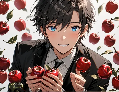 anime, (masterpiece), best quality, expressive eyes, perfect face, wearing black suit, holding red flowers wit his hands, smilin...