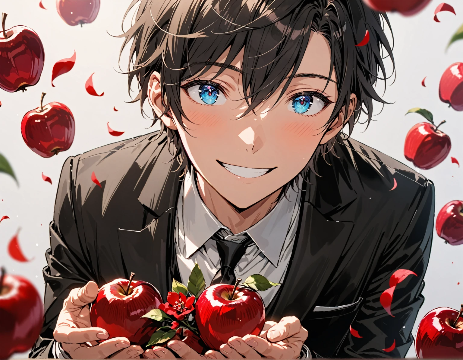 anime, (masterpiece), best quality, expressive eyes, perfect face, wearing black suit, holding red flowers wit his hands, smiling gently, looking forward, red apples around him, simple white background 