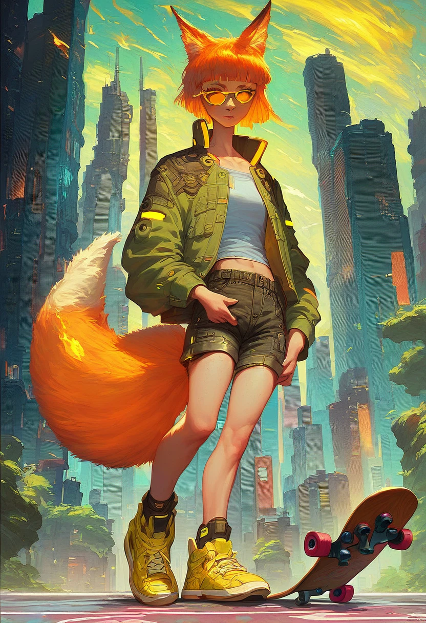 score_9, score_8_up, score_7_up, score_6_up, 1girl, solo, skinny, fox girl, (yellow sunglasses, green jacket, black cargo shorts, yellow sneakers),  (orange hair:1.2), fox tail, city background, cyberpunk,  ((detailed background, detailed clothes, detailed fur texture, intricate detail, highly detailed, fine details best quality, hyperdetailed face:1.2)), bright color tones, beautiful lighting, digital art,  (best quality,4k,8k,highres,masterpiece:1.2), ultra-detailed,  (fiery yellow eyes:1.3), fox ears, medium hair, freckles, human face, human body, full body, standing, holding skateboard,  (skateboard:1.2),  (sunglasses:1.3), (bold outlines:1.3), (comic style:1.2), (anime:1.2), (futuristic:1.2),  