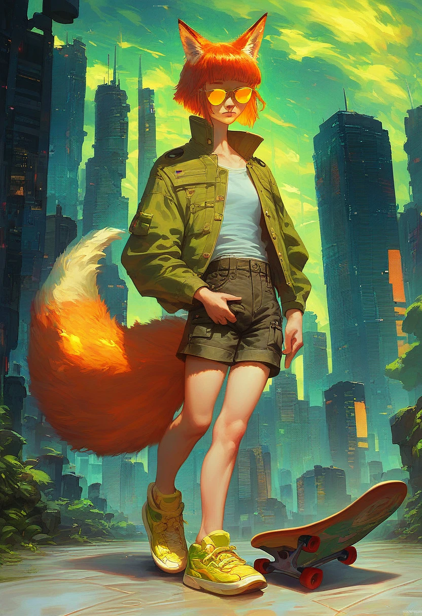 score_9, score_8_up, score_7_up, score_6_up, 1girl, solo, skinny, fox girl, (yellow sunglasses, green jacket, black cargo shorts, yellow sneakers), (orange hair:1.2), fox tail, city background, cyberpunk, ((detailed background, detailed clothes, detailed fur texture, intricate detail, highly detailed, fine details best quality, hyperdetailed face:1.2)), bright color tones, beautiful lighting, digital art, (best quality,4k,8k,highres,masterpiece:1.2), ultra-detailed, (fiery yellow eyes:1.3), fox ears, medium hair, freckles, human face, human body, full body, standing, holding skateboard, (skateboard:1.2), (sunglasses:1.3),