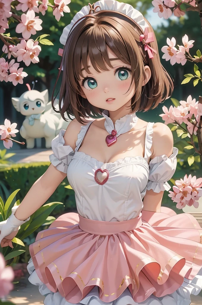 masterpiece, best quality, highres, perfect pixel, depth of field, 1girl, single, solo, beautiful anime girl, beautiful artstyle, (beautiful eyes), (detailed face), (blush), anime CG style, (medium breasts), good lighting, perfect body, lips parted, (sakura kinomoto:1.3), glossy lips, (maid), Off the shoulder、cleavage,  bright eyes,  (short hair:1.3)、Tea party、			
kinomoto sakura, cardcaptor sakura, loli, , green eyes, antenna hair, light brown hair, hair intakes, bangs,