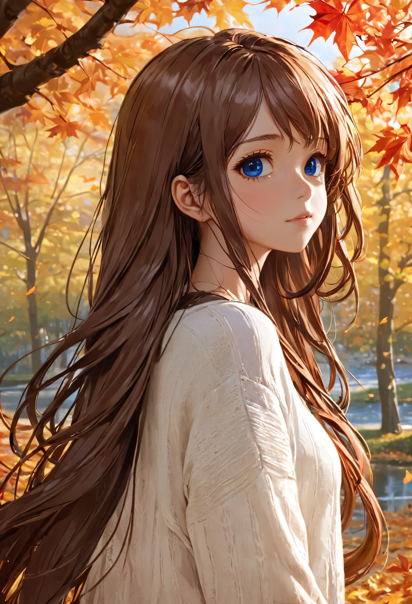 (masterpiece), Highest quality, Super detailed, figure, Warm lighting, Soft lighting, Bright colors, 1 Girl, alone,( beautiful girl, Long Hair, blue eyes, ribbon, Brown Hair, Hair between the eyes, hair ribbon, Side Lock, very Long Hair, Messy Hair,) , autumn, Lots of maple trees, maple leaf, Golden Leaf, autumn leaves, Dry leaves, river,  Fresh air,  peace, Cool breeze , Sweater Weather,( Wear a white or brown sweater, Red scarf, melancholyなautumn, Lost in Thought, melancholy, sad ,Worried, longing,)