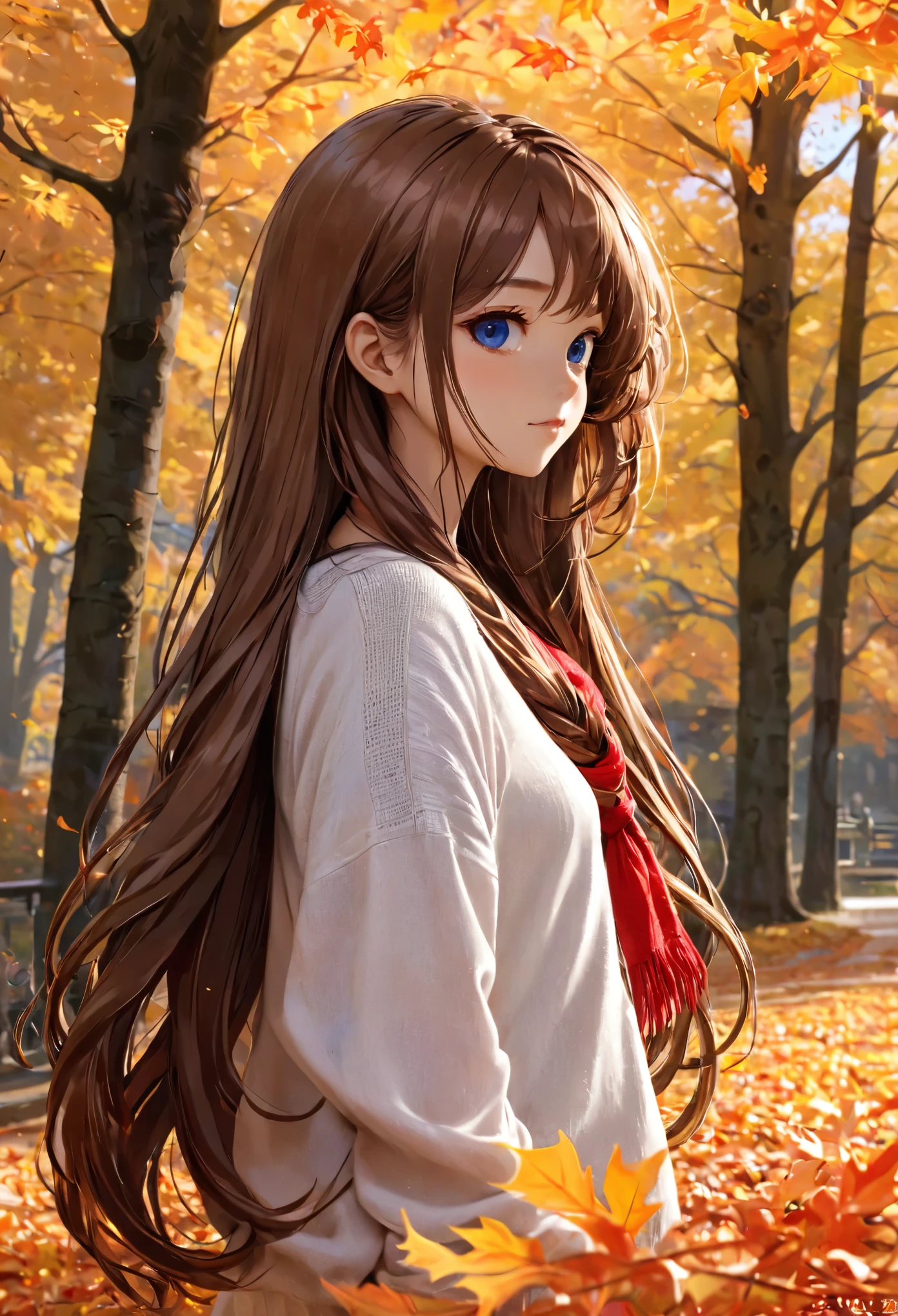 (masterpiece), Highest quality, Super detailed, figure, Warm lighting, Soft lighting, Bright colors, 1 Girl, alone,( beautiful girl, Long Hair, blue eyes, ribbon, Brown Hair, Hair between the eyes, hair ribbon, Side Lock, very Long Hair, Messy Hair,) , autumn, Lots of maple trees, maple leaf, Golden Leaf, autumn leaves, Dry leaves, river,  Fresh air,  peace, Cool breeze , Sweater Weather,( Wear a white or brown sweater, Red scarf, melancholyなautumn, Lost in Thought, melancholy, sad ,Worried, longing,)