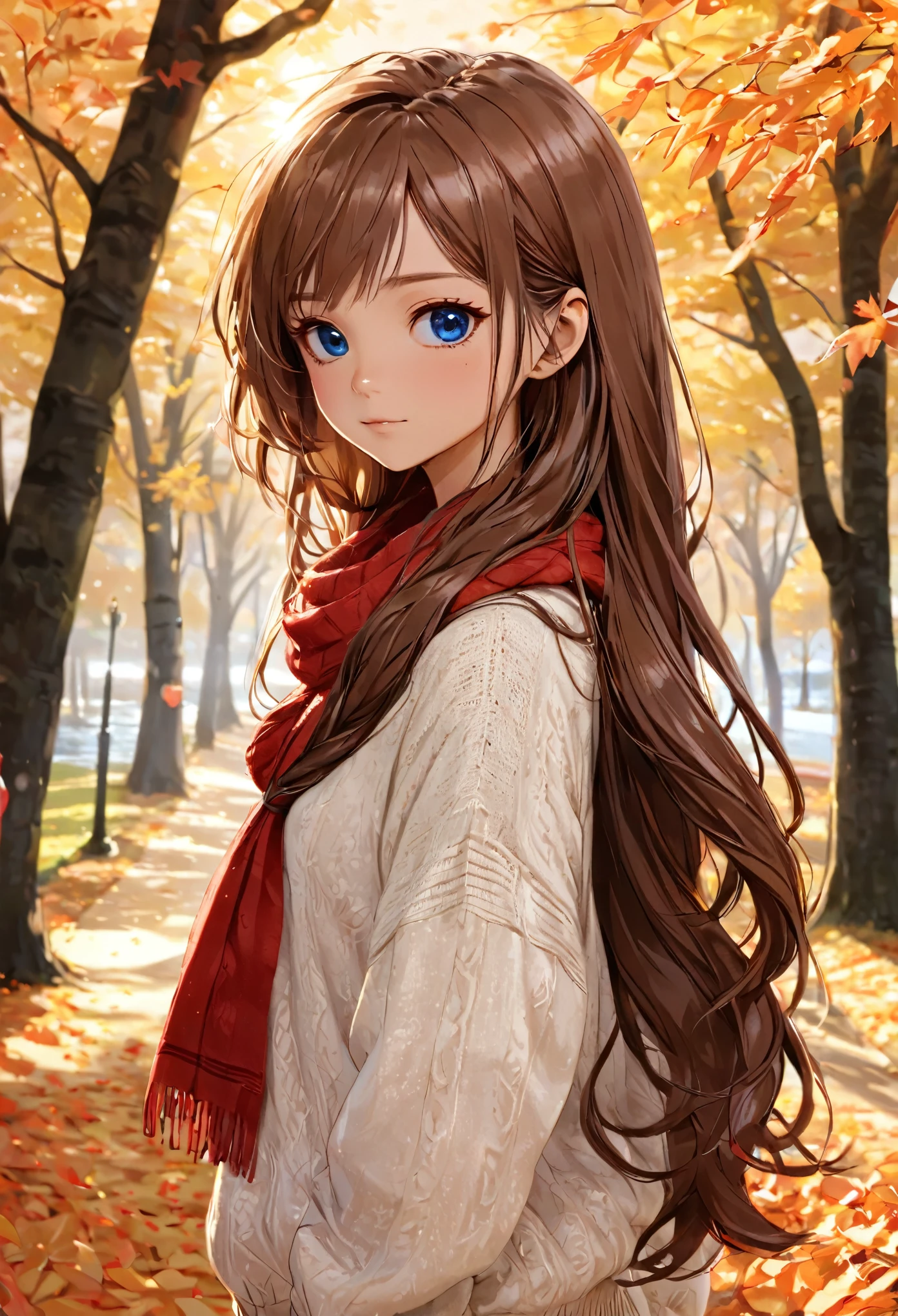 (masterpiece), Highest quality, Super detailed, figure, Warm lighting, Soft lighting, Bright colors, 1 Girl, alone,( beautiful girl, Long Hair, blue eyes, ribbon, Brown Hair, Hair between the eyes, hair ribbon, Side Lock, very Long Hair, Messy Hair,) , autumn, Lots of maple trees, maple leaf, Golden Leaf, autumn leaves, Dry leaves, river,  Fresh air,  peace, Cool breeze , Sweater Weather,( Wear a white or brown sweater, Red scarf, melancholyなautumn, Lost in Thought, melancholy, sad ,Worried, longing,)