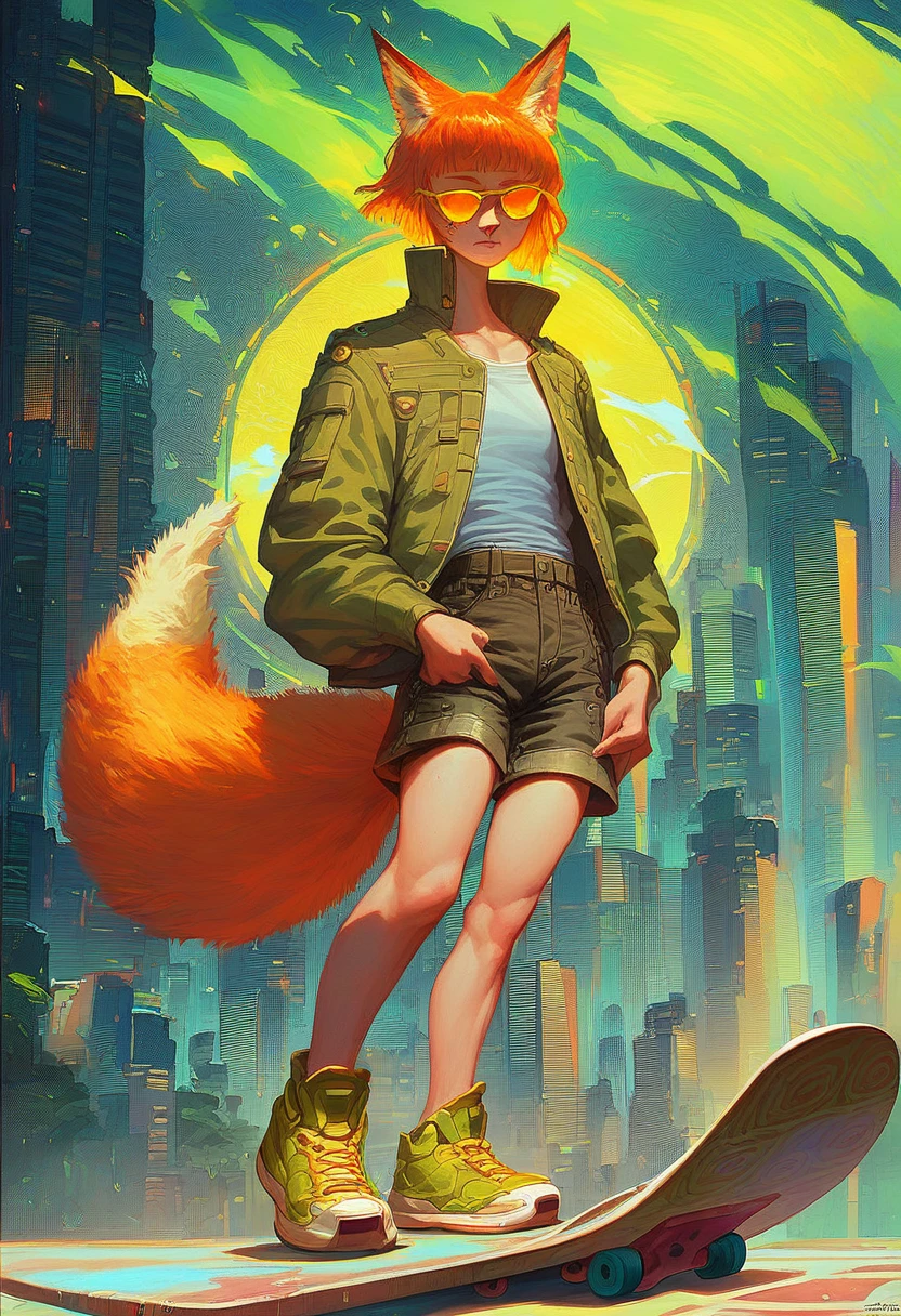 score_9, score_8_up, score_7_up, score_6_up, 1girl, solo, skinny, fox girl, (yellow sunglasses, green jacket, black cargo shorts, yellow sneakers), (orange hair:1.2), fox tail, city background, cyberpunk, ((detailed background, detailed clothes, detailed fur texture, intricate detail, highly detailed, fine details best quality, hyperdetailed face:1.2)), bright color tones, beautiful lighting, digital art, (best quality,4k,8k,highres,masterpiece:1.2), ultra-detailed, (fiery yellow eyes:1.3), fox ears, medium hair, freckles, human face, human body, full body, standing, holding skateboard, (skateboard:1.2), (sunglasses:1.3),