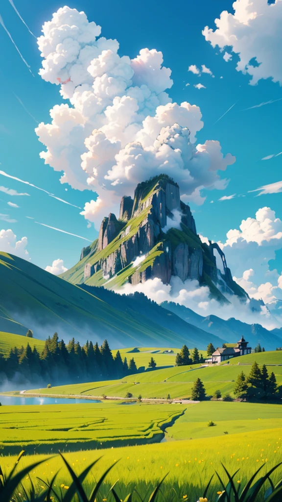 masterpiece, Highest quality, {Highest quality}, {{masterpiece}}, {High resolution}, Anime Style, Rice field and mountain scenery, summer, sun and cumulonimbus clouds,real