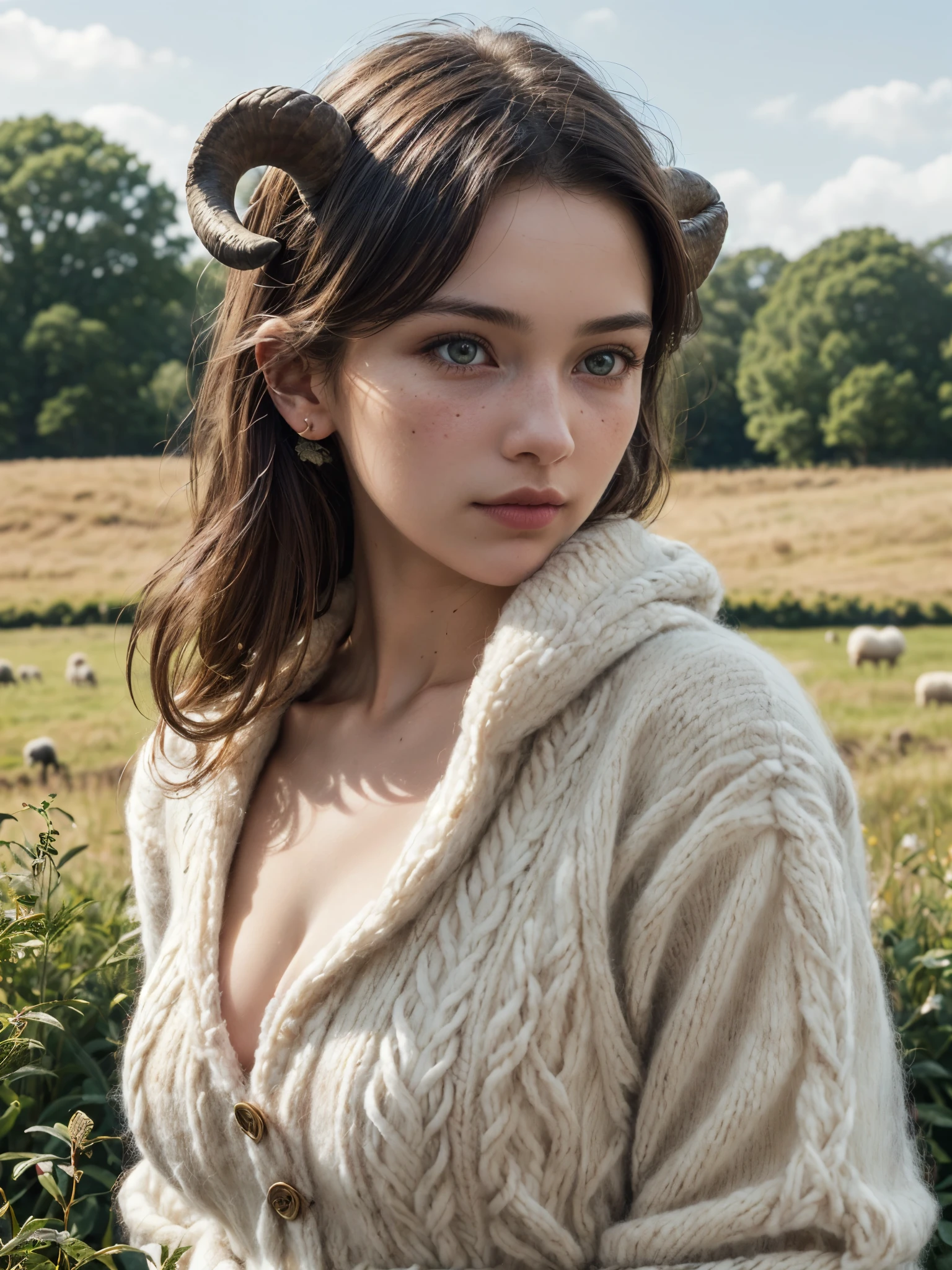 1girl, sheepgirl, (fluffy wool clothing:1.2), (delicate sheep horn), detailed face, savannah, perched grasslands, cleavage, batik lace, highly detailed, ultra hd, 8k, dynamic angle, (hyperrealistic, high resolution, masterpiece, photorealistic, natural light, detailed hair, caramel, in the garden), (12yo, cute:1.3), (breasts:1.2),