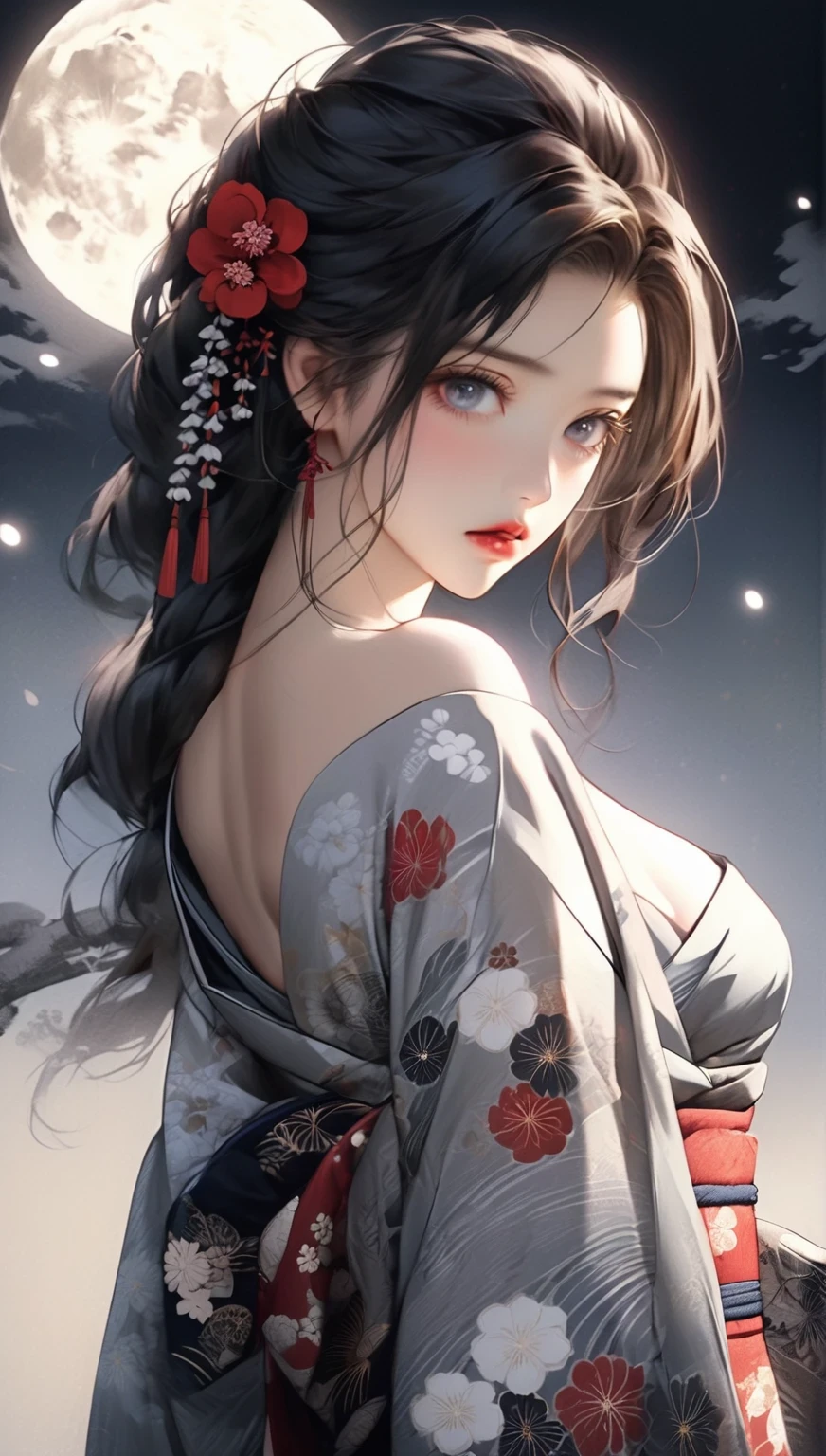 beautiful detailed eyes, beautiful detailed lips, extremely detailed eyes and face, longeyelashes, 1girl, traditional japanese clothing, kimono, bare shoulder, half-open kimono, high slit show off leg, night, moonlight, moon, sad expression, melancholic, moody, atmospheric, ukiyo-e style, woodblock print, muted colors, dark tones, cinematic lighting, dramatic lighting, chiaroscuro, (best quality,4k,8k,highres,masterpiece:1.2),ultra-detailed,(realistic,photorealistic,photo-realistic:1.37)