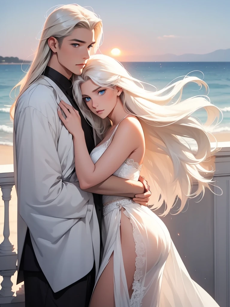 Early morning, sunrise, light breeze, on the balcony of a luxury hotel there is an Incredibly beautiful young femme fatale blonde with blue eyes, long golden hair, she is wearing a beautiful silk lace negligee, a romantic image, she is hugged by a tall statuesque manly young man-platinum blonde, he has tanned skin, blue eyes, long straight hair platinum hair, he's wearing only light trousers. They are in love with each other. Sunrise. the ocean breeze. Masterpiece, beautiful face, beautiful facial features, perfect image, realistic photos, full-length image, 8k, detailed image, extremely detailed illustration, a real masterpiece of the highest quality, with careful drawing. glow. In full growth.