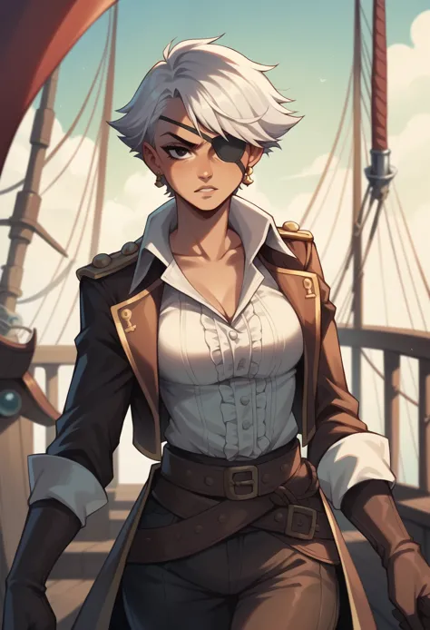 A female pirate with short silver hair, With a black eye patch, Stand at the bow of the pirate ship，upper focus