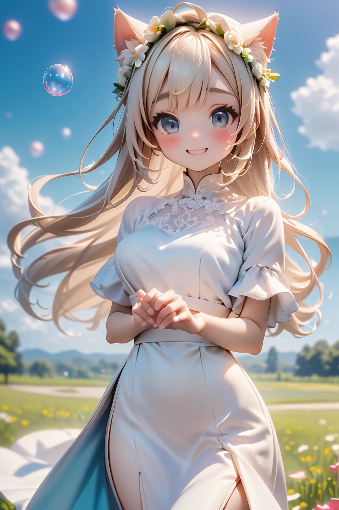 (Highest quality))、((masterpiece))、(detailed)、((soro girl)),masterpiece,best quality, high quality,ulutra detailed,Perfect Face、Daytime、Flower field background、((A voluminous flower crown))、Place both hands on head、((tall、woman、20th Generation、Cat ear、Sparkling Eyes、Blonde long hair)、、((high slit dress)）、looking at viewer、good weather、smile、Many soap bubbles float、The wind is blowing、Petals fluttering、