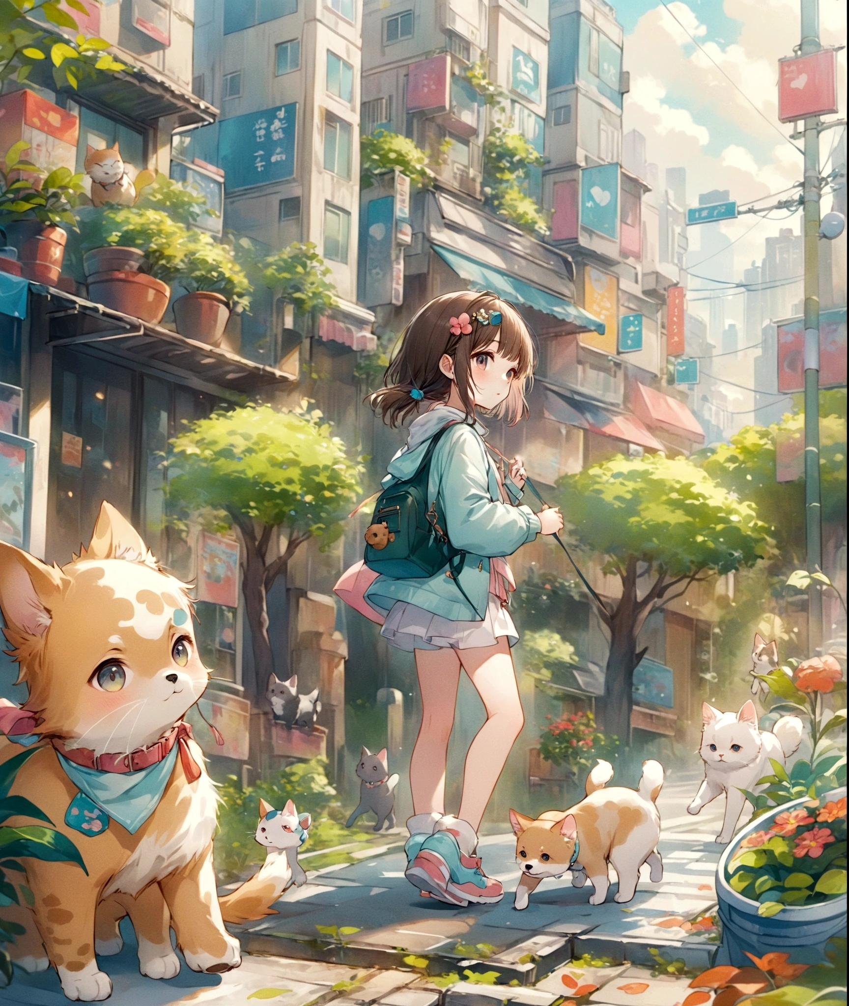 anime girl walking with a cat and a dog on a city street, anime style 4 k, kawacy, anime style illustration, lofi girl, digital anime illustration, lofi artstyle, anime background art, high detailed official artwork, forest city streets behind her, by Yuumei, lofi art, anime art wallpaper 4k, anime art wallpaper 4 k