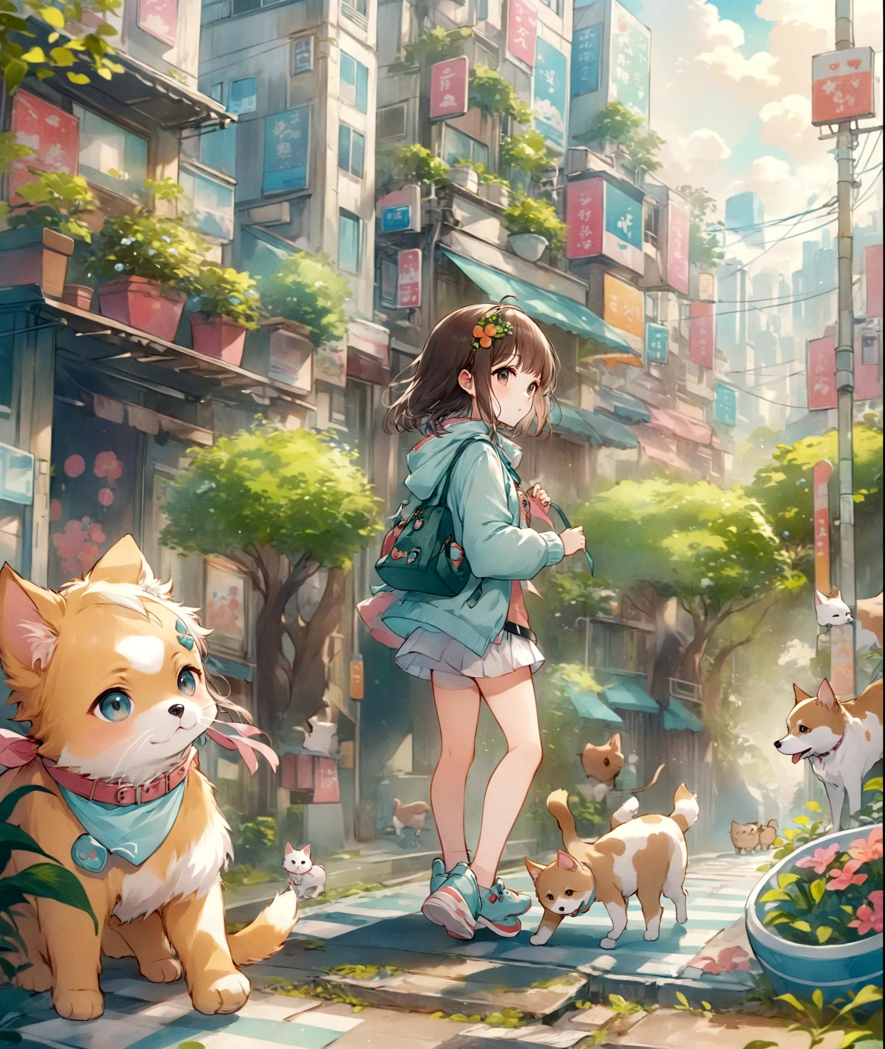 anime girl walking with a cat and a dog on a city street, anime style 4 k, kawacy, anime style illustration, lofi girl, digital ...