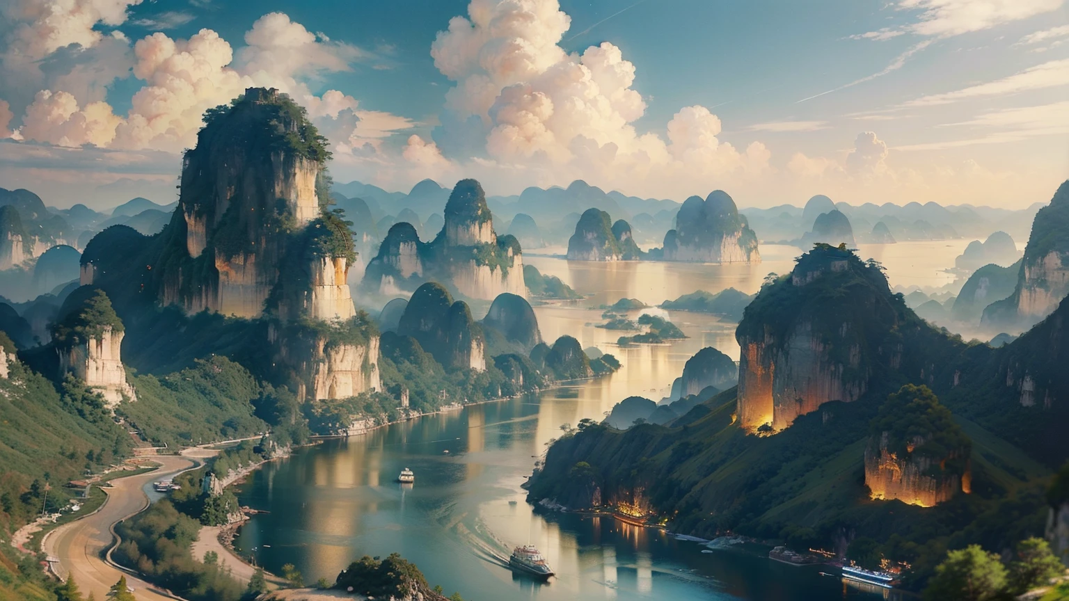 A beautiful detailed landscape of the Guilin mountains, featuring the iconic karst formations, winding rivers, and serene blue skies with fluffy clouds, capturing the essence of Chinese landscape painting, no cars, breathtaking scenery