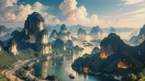 a beautiful detailed landscape of the guilin mountains, featuring the iconic karst formations, winding rivers, and serene blue s...