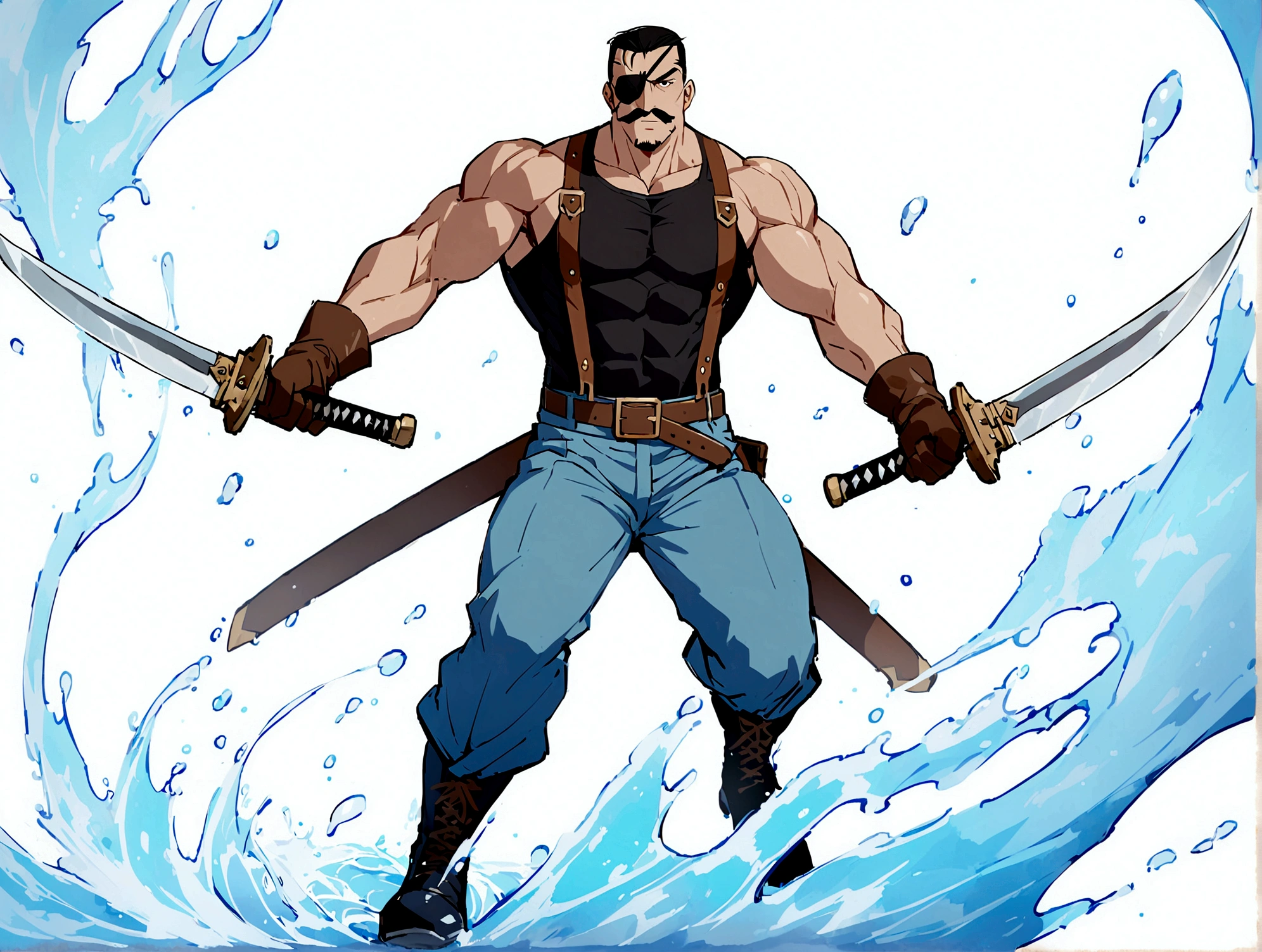 Fullmetal Alchemist，King Bradley，solo, looking at viewer, short hair, simple background, shirt, black hair, gloves, 1boy, holding, full body, weapon, male focus, boots, belt, pants, sword, fingerless gloves, holding weapon, black shirt, muscular, facial hair, holding sword, eyepatch, suspenders, pectorals, muscular male, black background, bara, beard, mature male, mustache, blue pants, covered abs, tight shirt