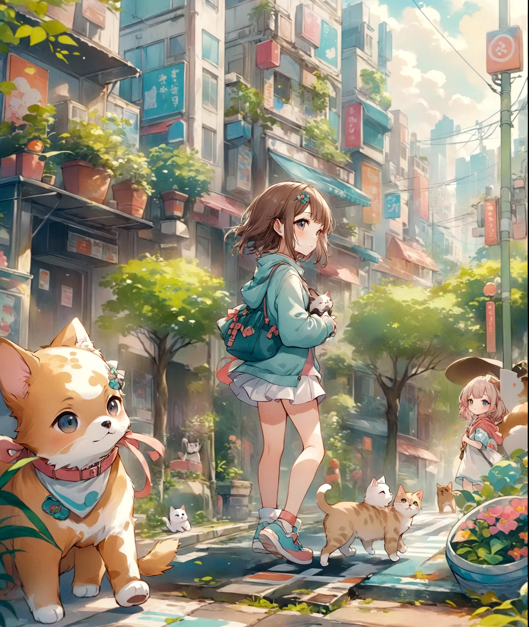 anime girl walking with a cat and a dog on a city street, anime style 4 k, kawacy, anime style illustration, lofi girl, digital ...