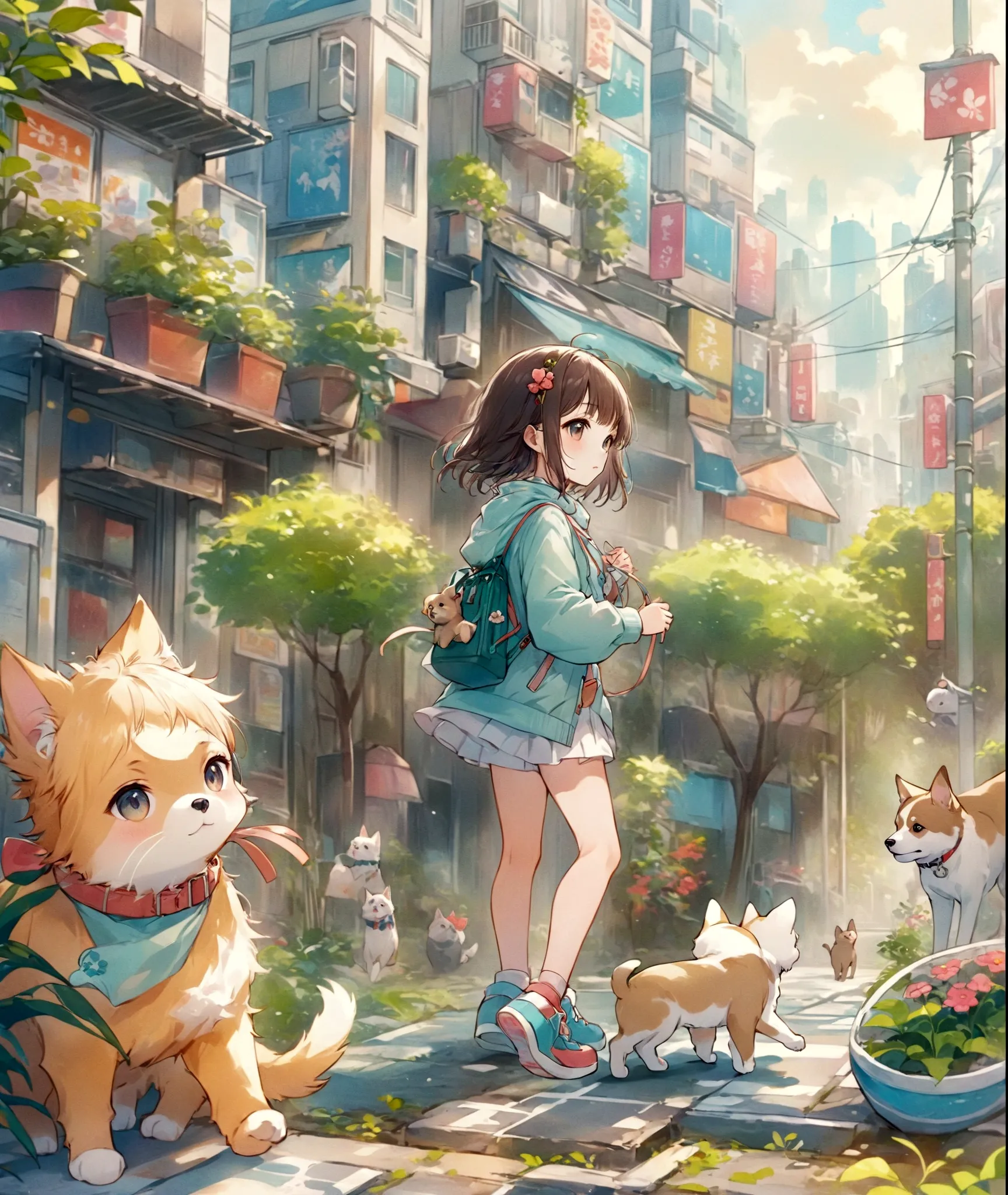 anime girl walking with a cat and a dog on a city street, anime style 4 k, kawacy, anime style illustration, lofi girl, digital ...