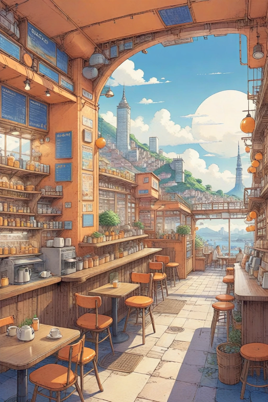 ON PARCHMENT,INK ILLUSTRATION,
((anime:1.4,illustration)),(masterpiece, top quality, best quality),(ultra-detailed, absolutely resolution),((16k, high res)), (((Cross-section of an orange, a refreshing city spreading out within the orange,)) ((cozy lofi illustration:1.4)), ((anime:1.4, illustration)),(masterpiece, top quality, best quality),(ultra-detailed, absolutely resolution),((16k, high res)) BREAK {lofi art, style of Laurie Greasley, style of Makoto Shinkai, anime aesthetic}, A detailed blueprint of the section of Lofi cafe, a fairytale-style cafe, detailed labeling text, grid lines,