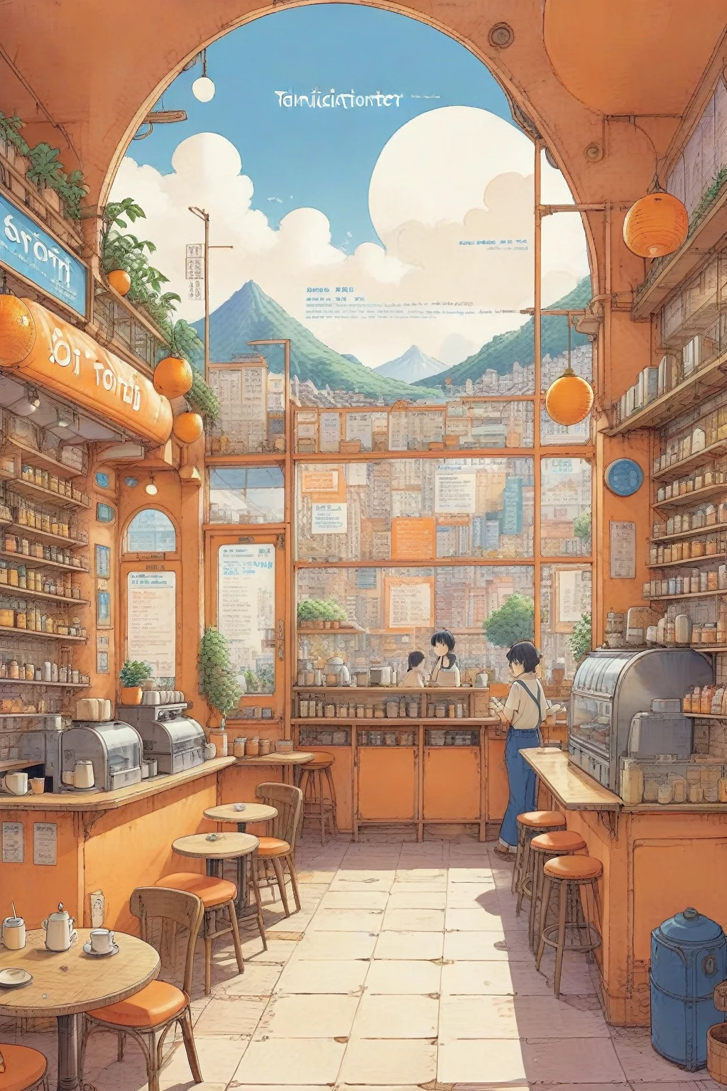 ON PARCHMENT,INK ILLUSTRATION,
((anime:1.4,illustration)),(masterpiece, top quality, best quality),(ultra-detailed, absolutely resolution),((16k, high res)), (((Cross-section of an orange, a refreshing city spreading out within the orange,)) ((cozy lofi illustration:1.4)), ((anime:1.4, illustration)),(masterpiece, top quality, best quality),(ultra-detailed, absolutely resolution),((16k, high res)) BREAK {lofi art, style of Laurie Greasley, style of Makoto Shinkai, anime aesthetic}, A detailed blueprint of the section of Lofi cafe, a fairytale-style cafe, detailed labeling text, grid lines,