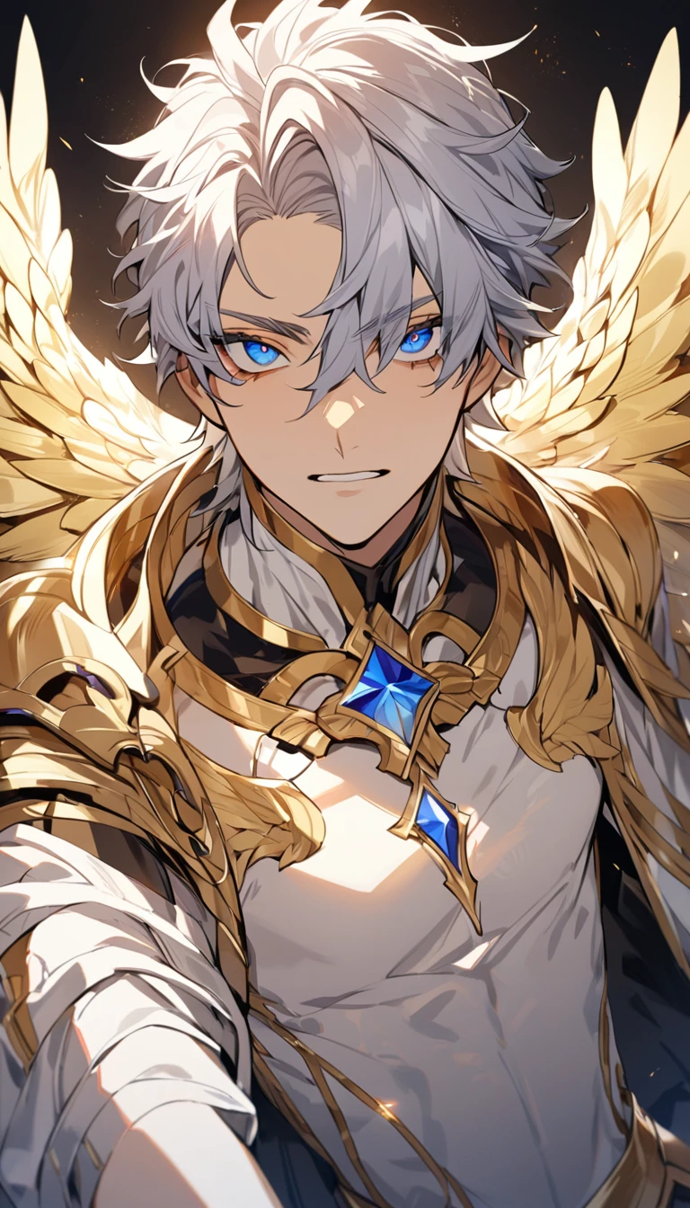 (high-quality, breathtaking),(expressive eyes, perfect face) archangel joel, male, golden wings