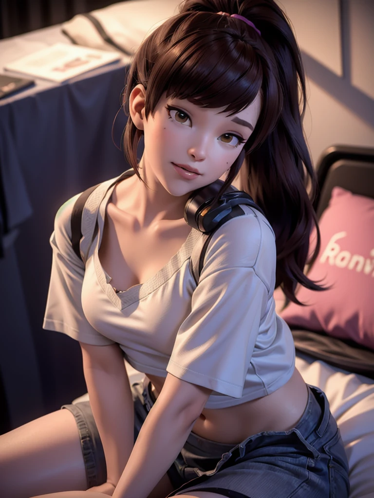 ((DVA de Overwatch)) sem seu mech, uma mulher com cabelos castanhos curtos em um (rabo de cavalo),ela se senta na cama com as pernas abertas, reflexões de alta qualidade, iluminação volumétrica, Ela está vestindo uma ( camiseta cropped branca gelo), a camisa cortada está pendurada na parte inferior porque está solta,  Mangas muito curtas, no quarto dela na cama dela, 1 garota sozinha, iluminação cinematográfica, Alta resolução, renderização baseada fisicamente, 8K, iluminação volumétrica, hiperrealista, características faciais detalhadas, obra de arte, parte superior do corpo completa, configuração de jogo em segundo plano, cinematic, você pode ver o fabric of the shirt and the knits very detailed,(ela tem seios muito pequenos), NSFW, o foco está em todo o seu corpo e no meio ambiente, captura de tela cinematográfica, você pode ver o (sala inteira) e ela sentada na cama, Ela usa um ((calcinha)) como ela vai dormir em breve, a imagem tem uma aparência muito suave em texturas suaves, lindo sorriso sonolento, os braços dela estão em um controle de jogo, DVA está jogando antes de dormir