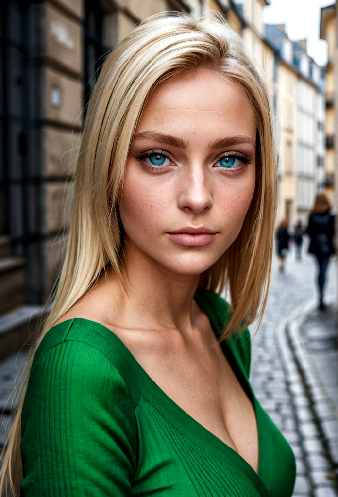 Mulher loira, olhos verdes, 25 anos, foto na rua