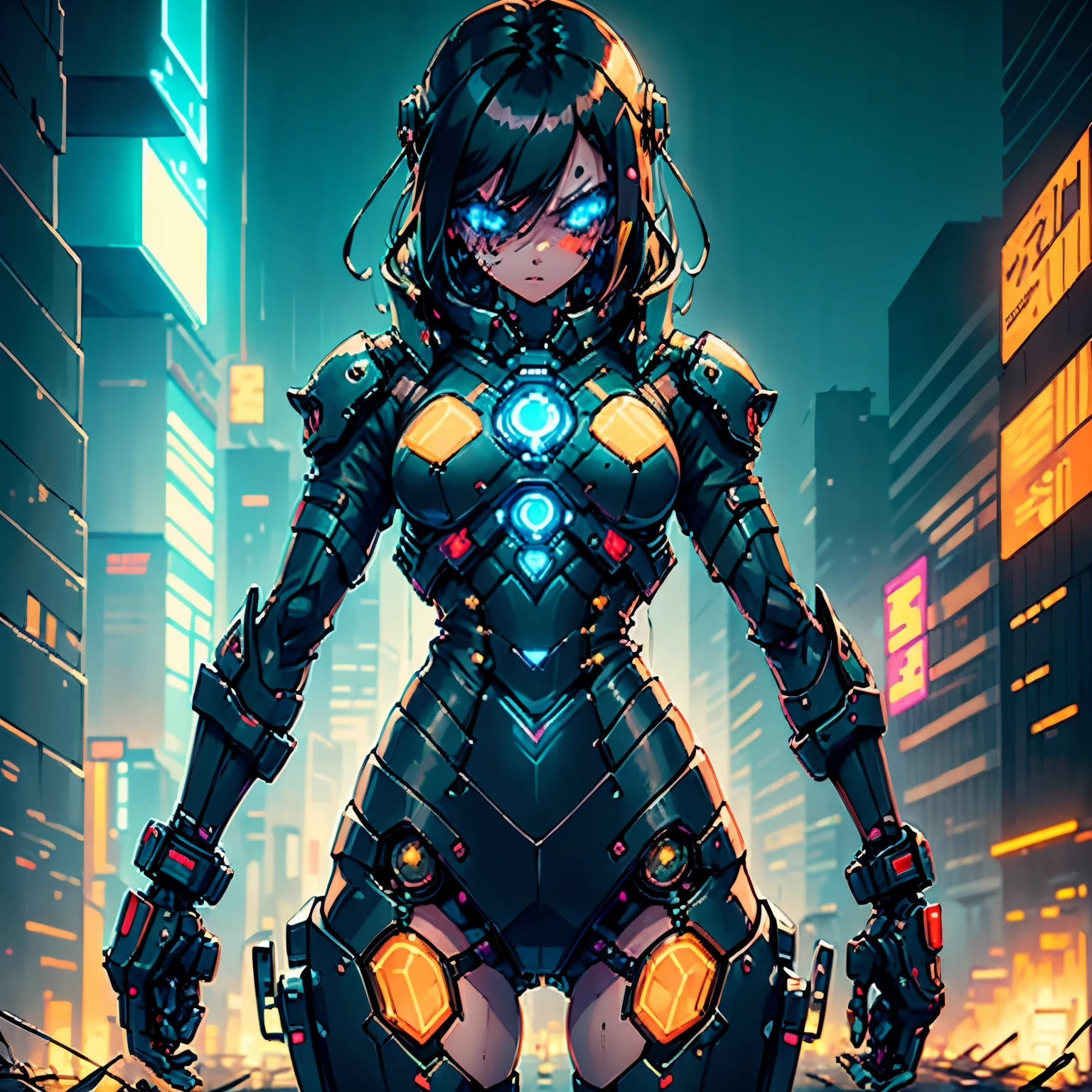 Amidst the rain-soaked, neon-lit streets of a cyberpunk city, a young girl stands alone. Her short, raven-black hair clings to her pale face, highlighting her sorrowful eyes. A sleek mechanical arm glints under the streetlights, and her legs, both cybernetic, hum softly with each movement. Clad in a worn leather jacket with LED patches, she grips a rusted pendant tightly. Rain mingles with her silent tears as she gazes into the distance, a  figure in a dystopian world.