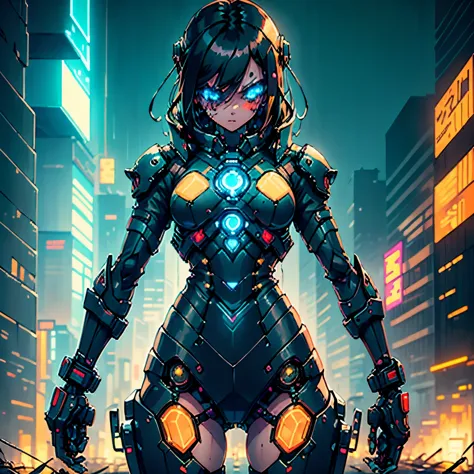 amidst the rain-soaked, neon-lit streets of a cyberpunk city, a young girl stands alone. her short, raven-black hair clings to h...